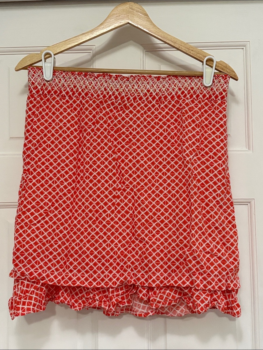 Carve Designs Red Mini Skirt with White Lattice Print and Ruffle Hem